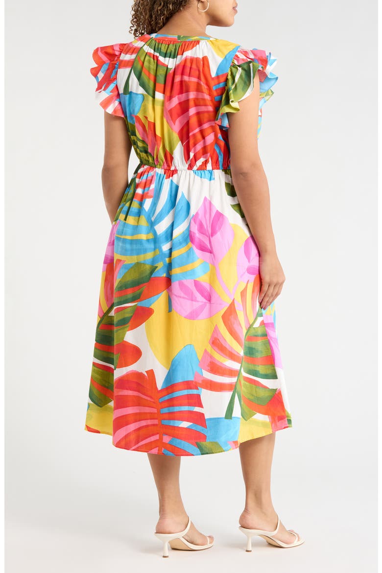 Breezy Palms Tiarna Flutter Sleeve Tie Waist Midi Dress, Alternate, color, WHITE RED GREEN