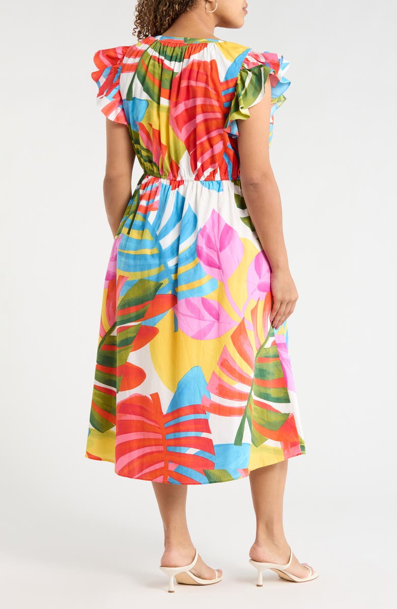 SUGARLIPS Breezy Palms Tiarna Flutter Sleeve Tie Waist Midi Dress, Alternate, color, White Red Green