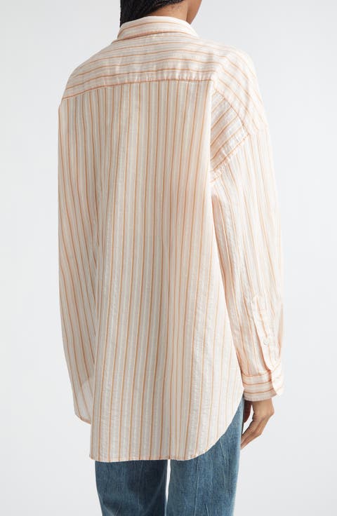 Drop Neck Stripe Cotton & Silk Blend Button-Up Shirt