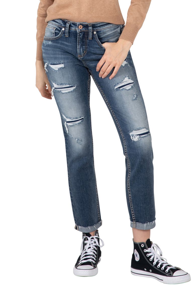 Silver Jeans Co. Beau Ripped High Waist Cuff Girlfriend Fit Jeans, Main, color, Indigo