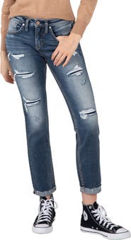 Silver Jeans Co. Beau Ripped High Waist Cuff Girlfriend Fit Jeans