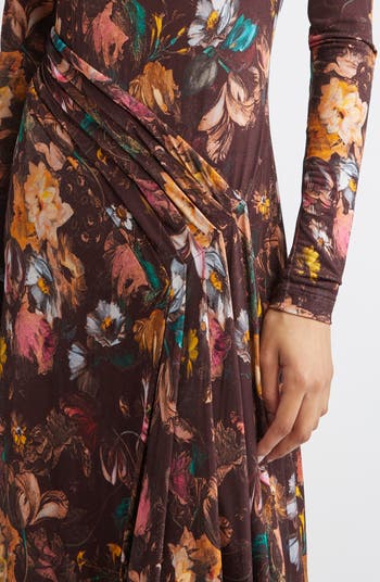 Long Sleeve Floral Draped Front Jersey Maxi Dress
