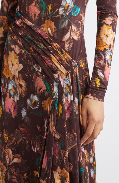 Lela Rose Long Sleeve Floral Draped Front Jersey Maxi Dress In Multi