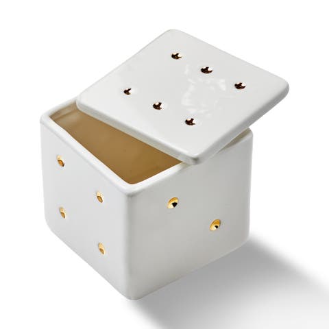White Earthenware Dice Lidded Trinket Box 3.75 x 3.75 x 3.75 in