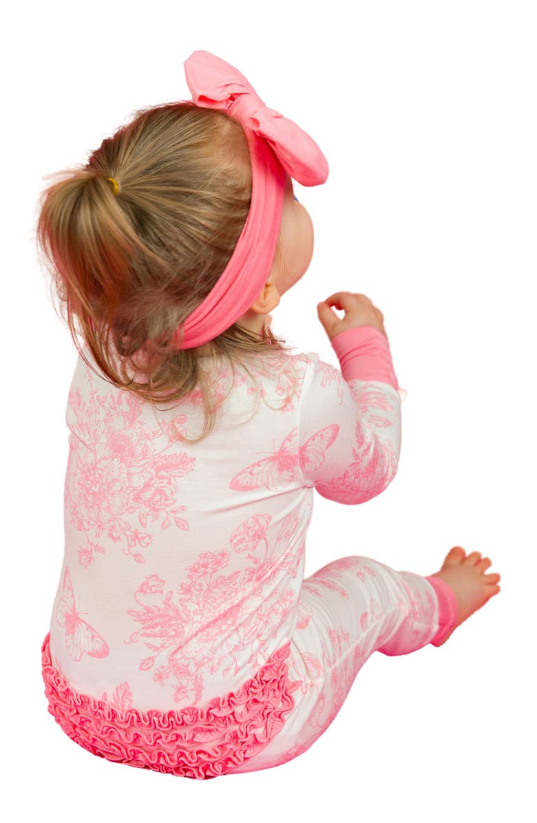 RuffleButts Butterfly Print Ruffle Convertible Romper, Alternate, color, White/Pink