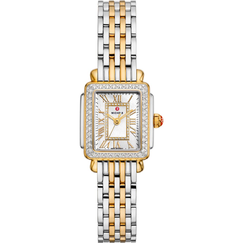 Michele Mini Deco Madison Two-tone 18k Gold Plate Diamond Bracelet Watch, 23mm X 24mm In Two Tone