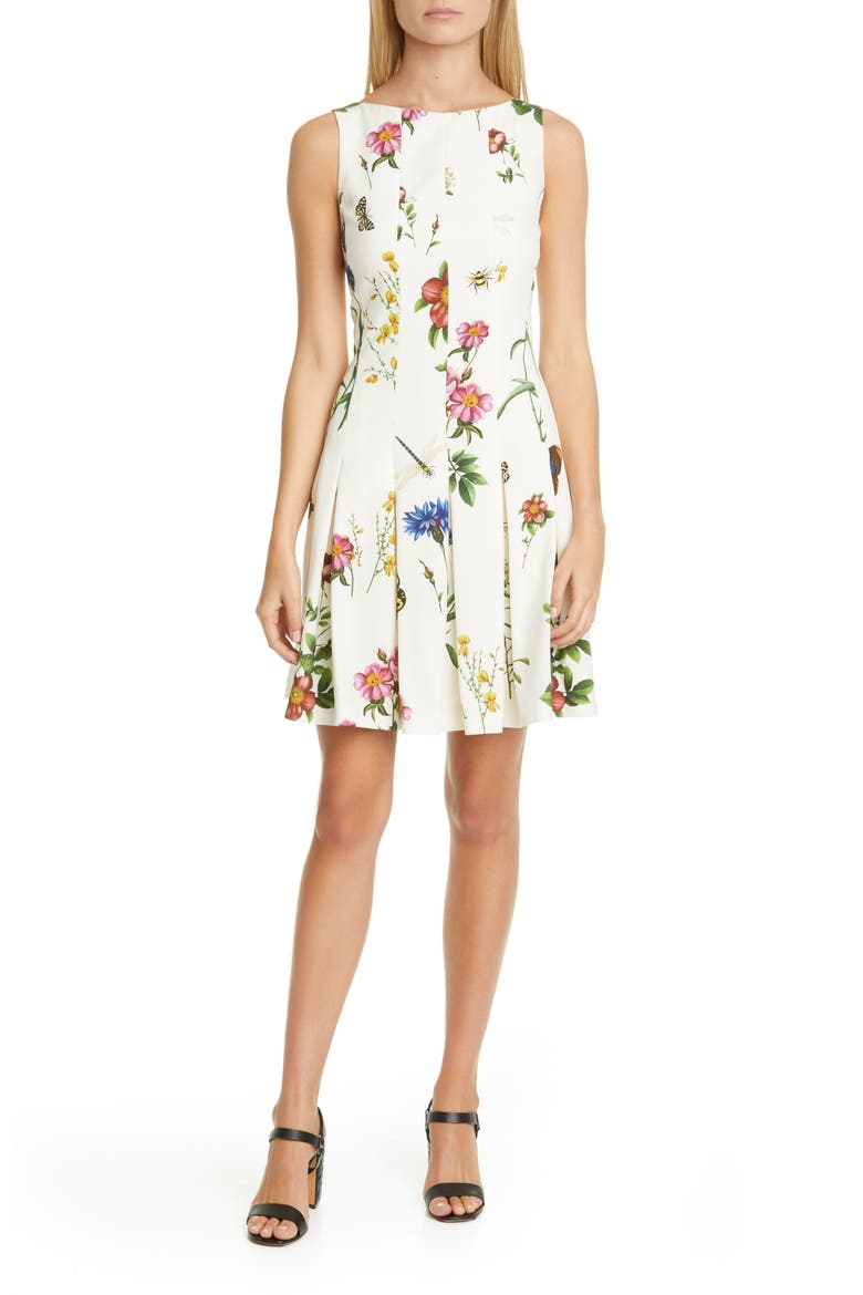 Ladies Pleated Floral Minidress, Main, color, IVORY
