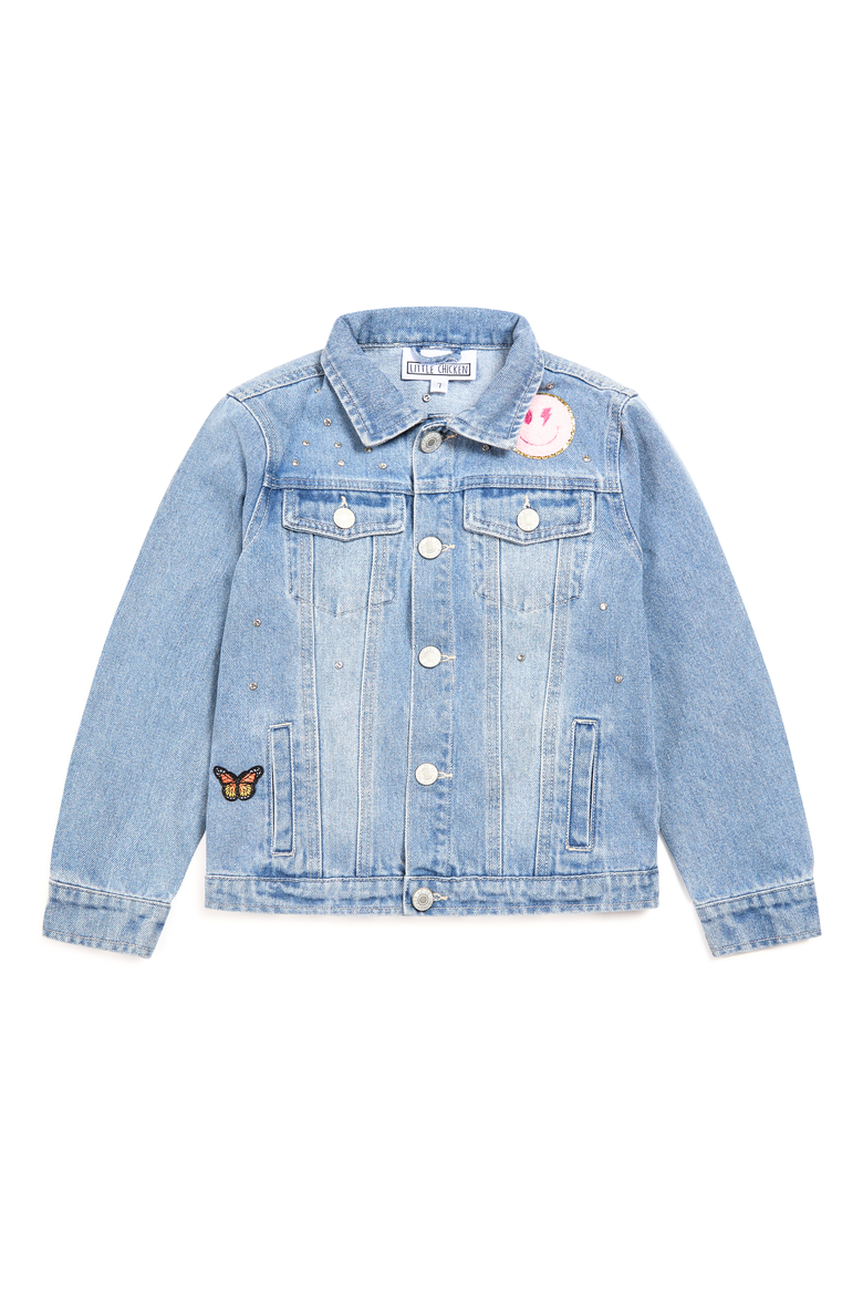 Girls' Jeweled Patched Denim Jacket, Main, color, Light Denim