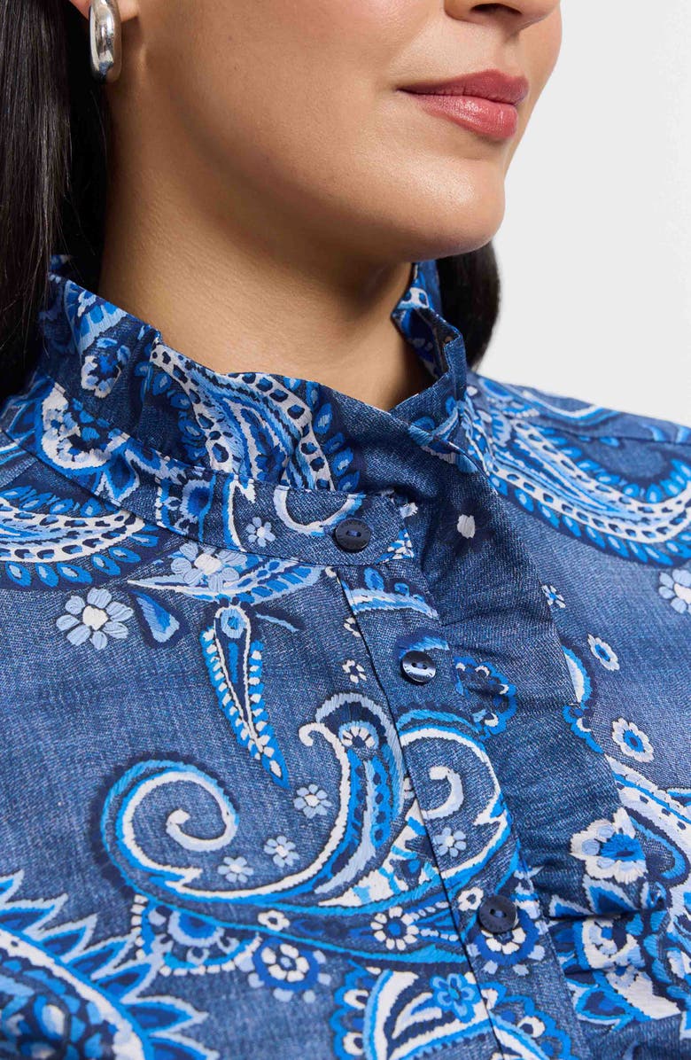 Foxcroft Sadie Paisley Ruffle Cotton Poplin Button-Up Shirt, Alternate, color, Blue Multi