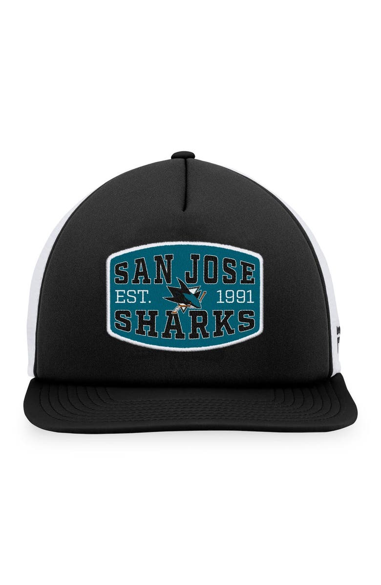 FANATICS Men's Fanatics Branded Black/White San Jose Sharks Foam Front Patch Trucker Snapback Hat, Alternate, color, Black