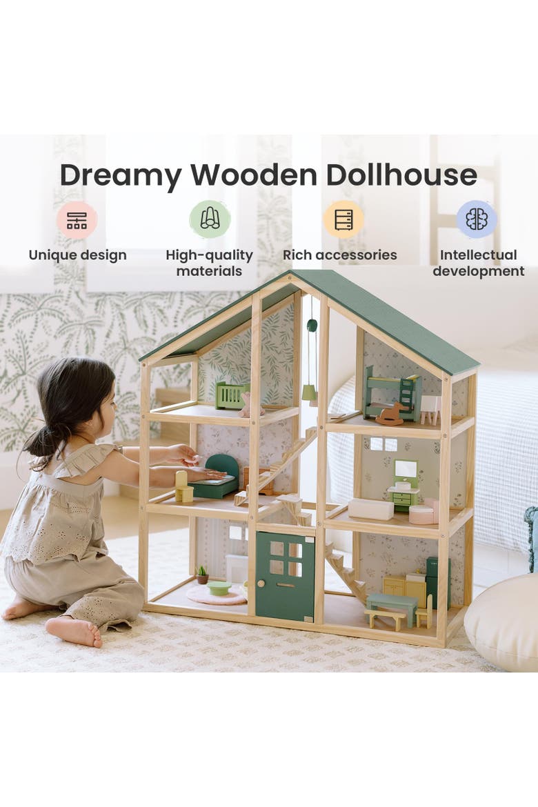 Wooden Dollhouse Set with 6 Rooms and 31 Piece Furniture for Kids, Alternate, color, Multicolor