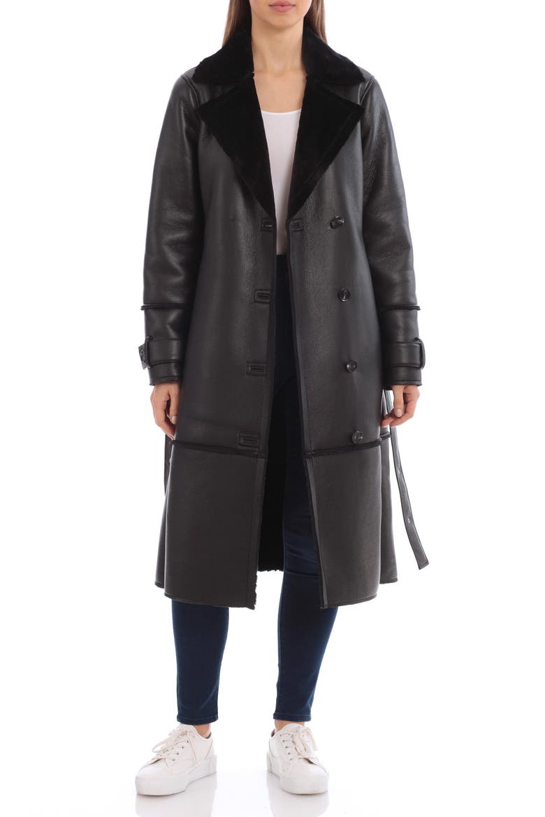 Faux Shearling Trench Coat, Main, color, BLACK