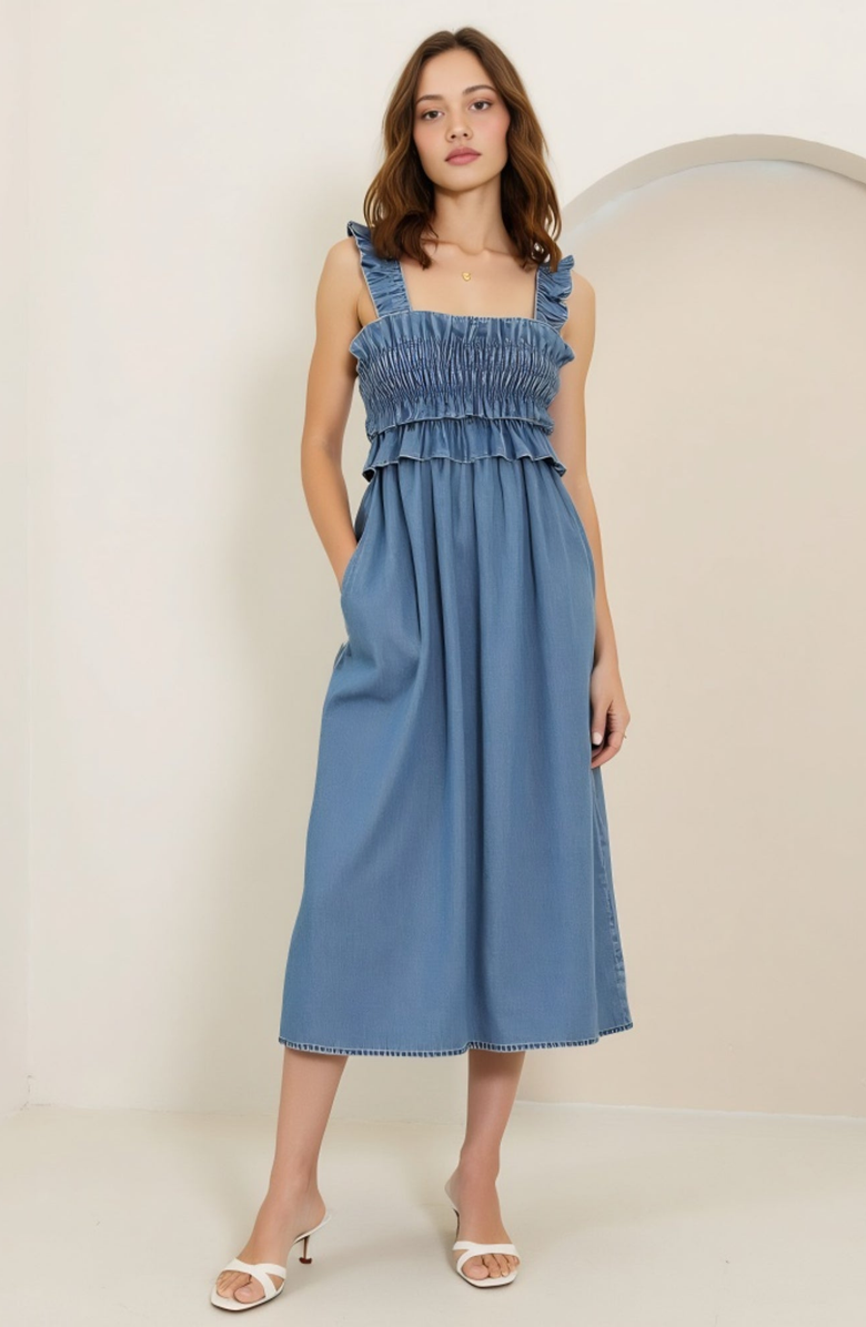 Modenaire Smocked Ruffle Strap Square Neck Flowy Midi Dress, Alternate, color, Light Blue