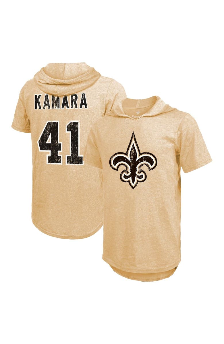 Majestic Threads Men's Majestic Threads Alvin Kamara Gold New Orleans Saints Player Name & Number Tri-Blend Hoodie T-Shirt, Alternate, color,
