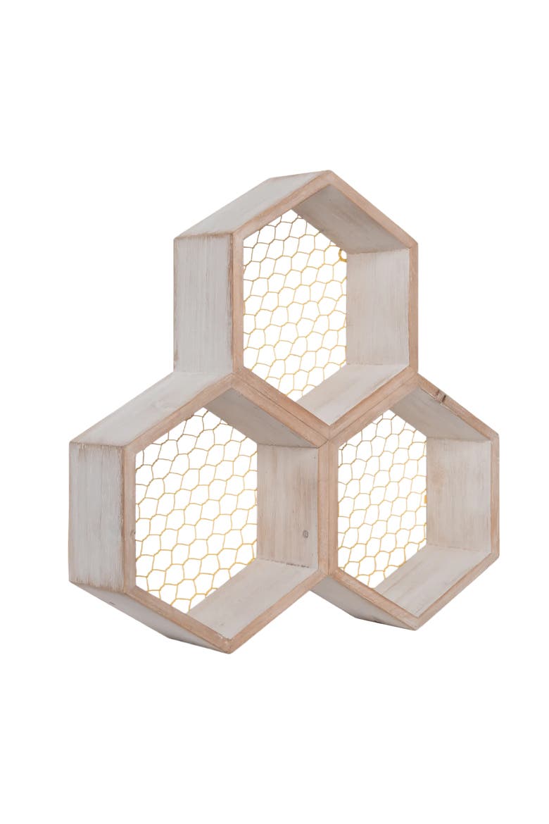 Wood 13.75" Brown Honey Comb Shelf Decor, Wall Art, Indoor Home Decor, Spring, 13.5" H x 13.75" L x 3.25" W, Spot Clean, Alternate, color, Brown