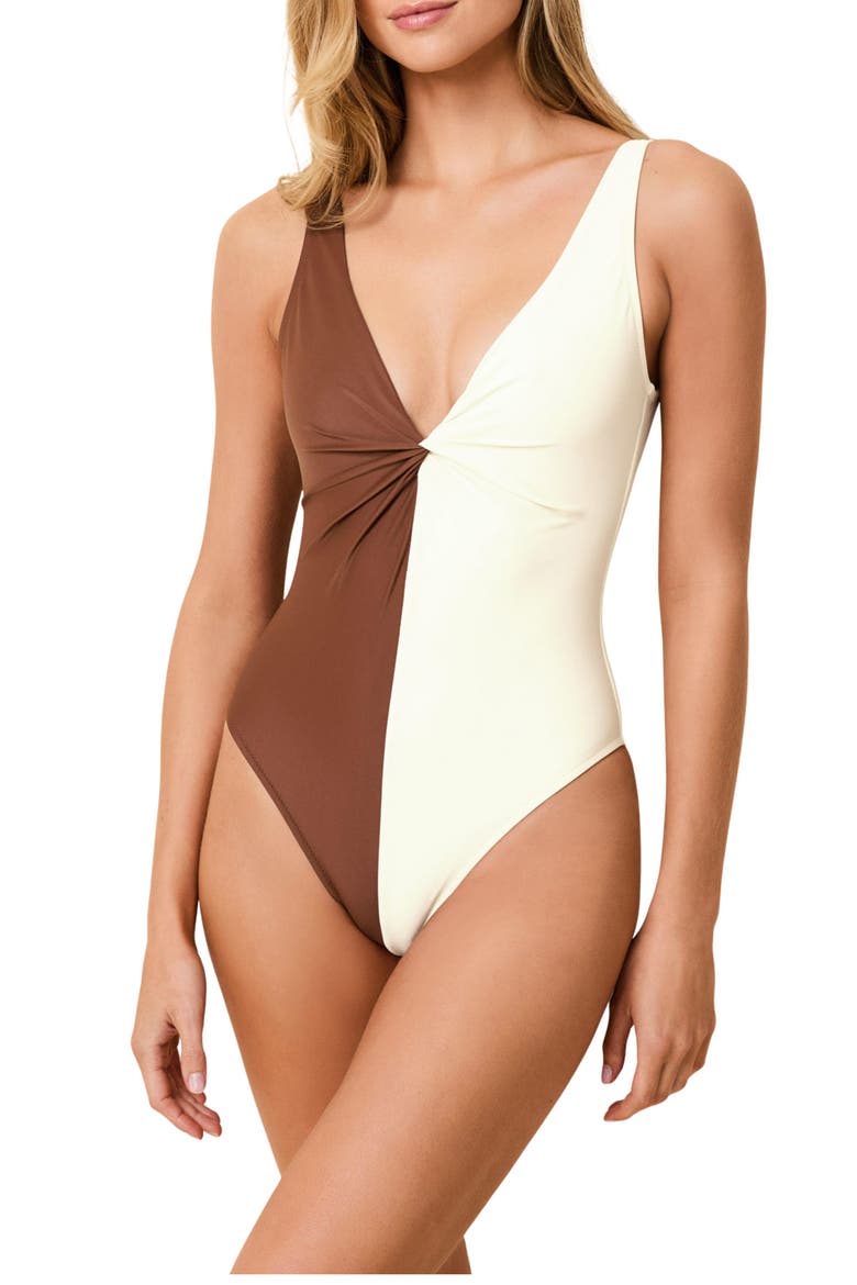 The Enza Colorblock One-Piece Swimsuit, Main, color, BRULE / COCONUT