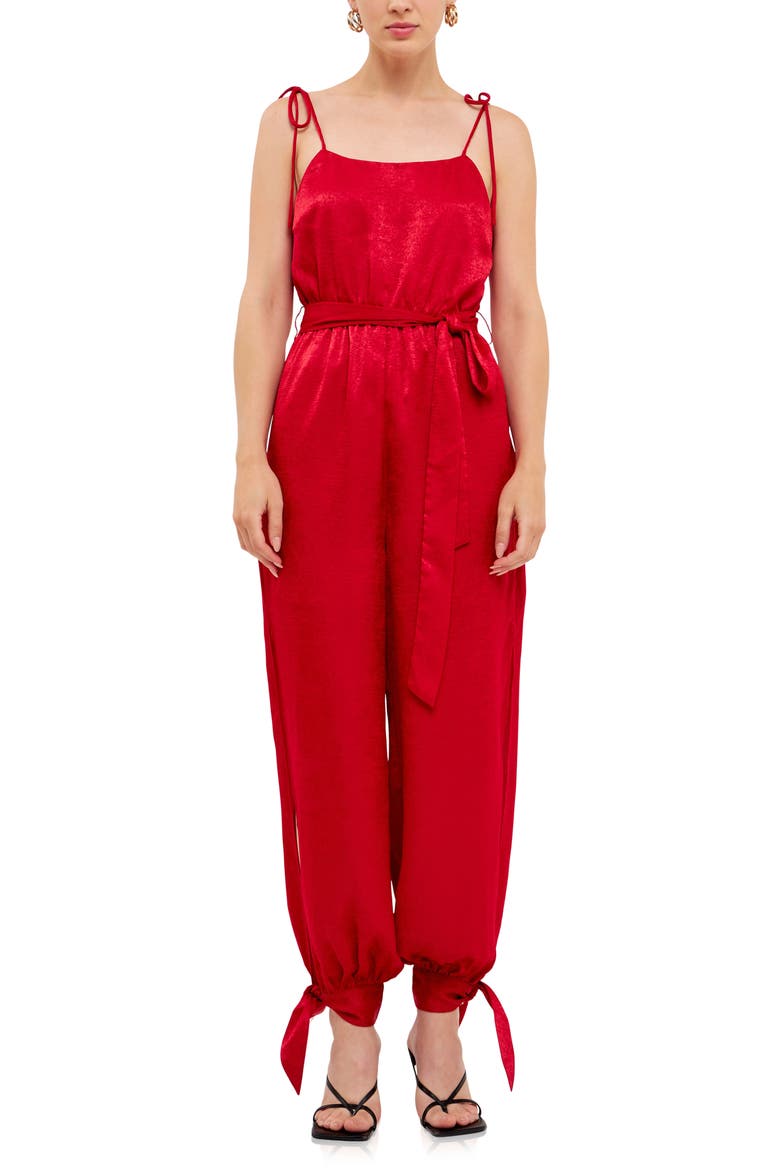 Tie Detail Slit Leg Satin Jumpsuit, Alternate, color, ROSE