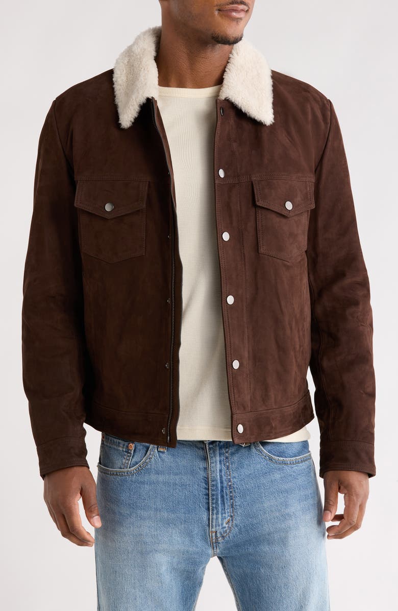 BOSS x Beckham Mordy Suede & Genuine Shearling Jacket, Main, color, Open Brown