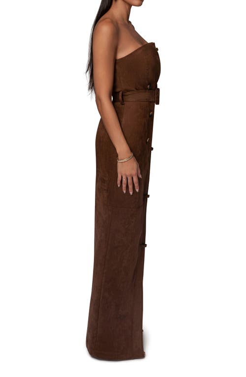 JLUXLABEL JLUXLABEL CHOCOLATE XENA BELTED STRAPLESS FAUX SUEDE MAXI DRESS