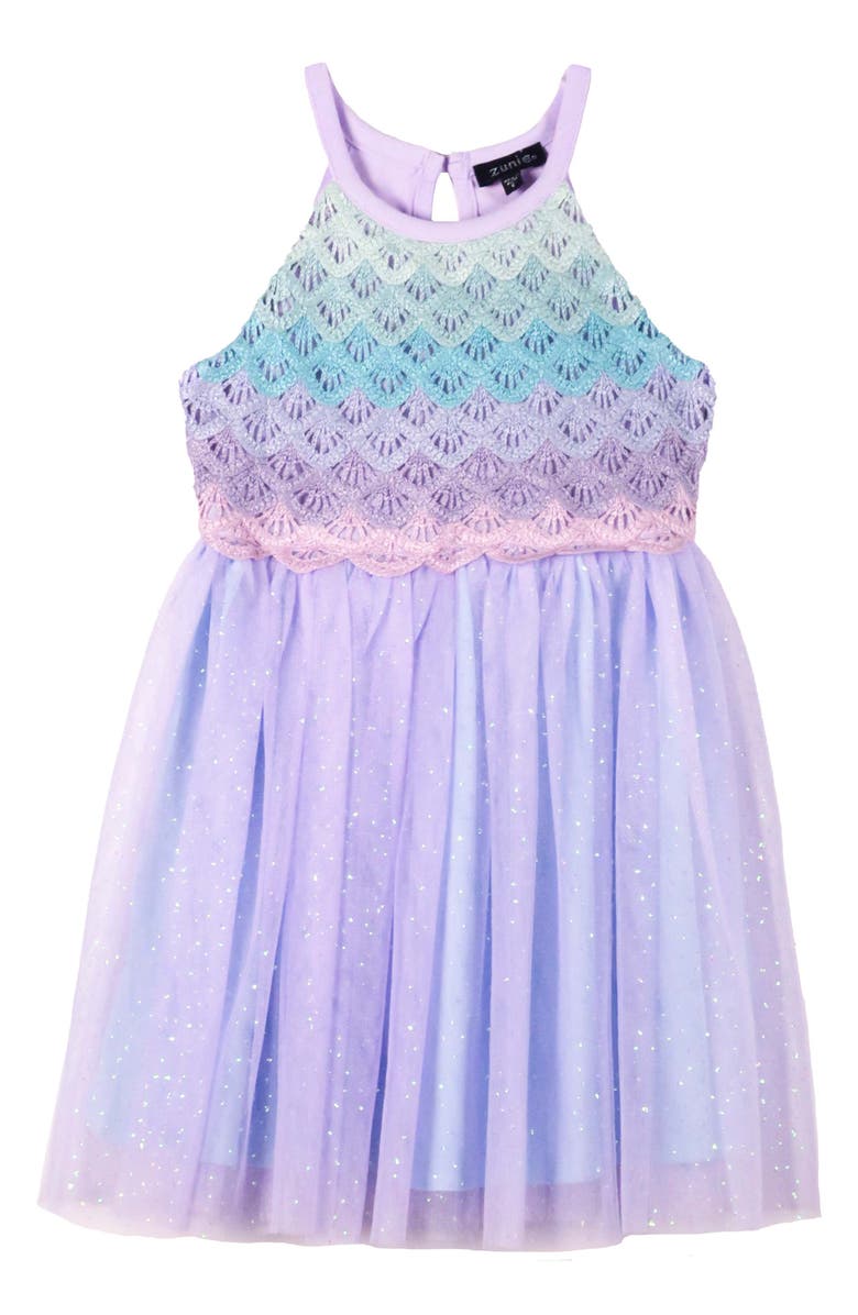 Zunie Kids' Mermaid Ombré Crochet Bodice Tulle Dress, Main, color, Lilac/Blue