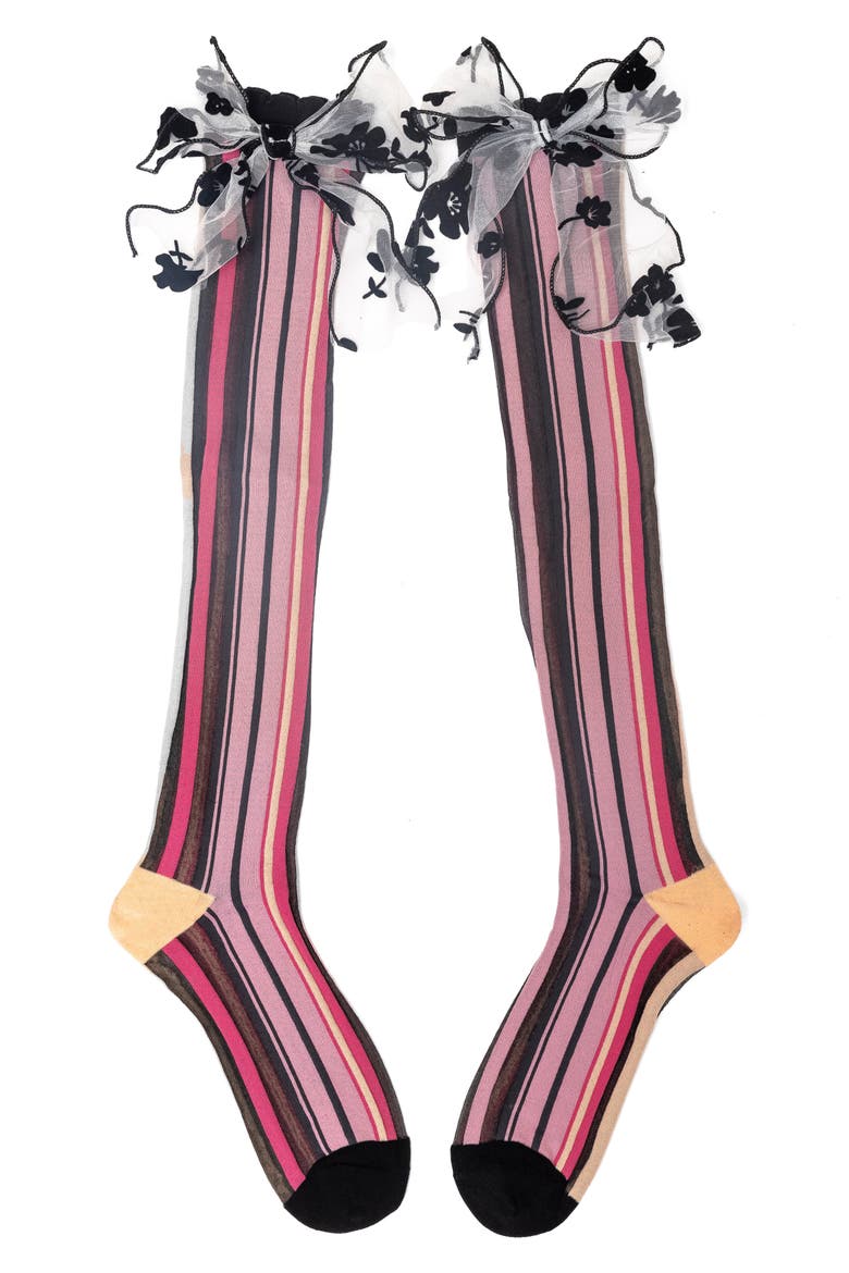Parisian Stripe Bow Knee High Socks, Alternate, color, MULTI PINK