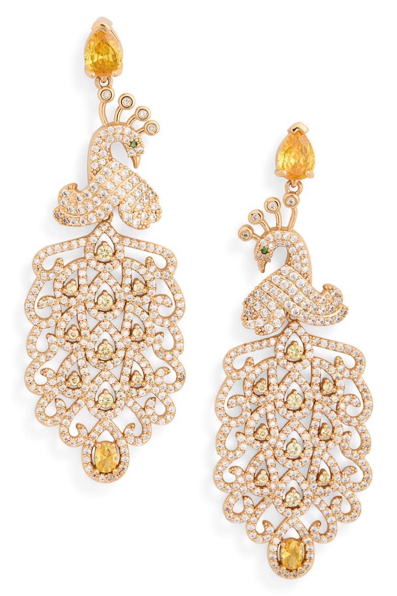 Annika Cubic Zirconia Peacock Drop Earrings, Main, color, GOLD