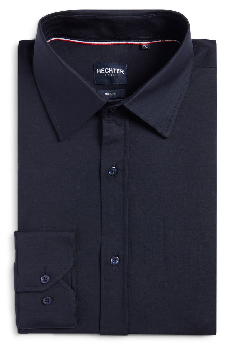 Modern Fit Solid Navy Knit Cotton Dress Shirt, Alternate, color, NAVY