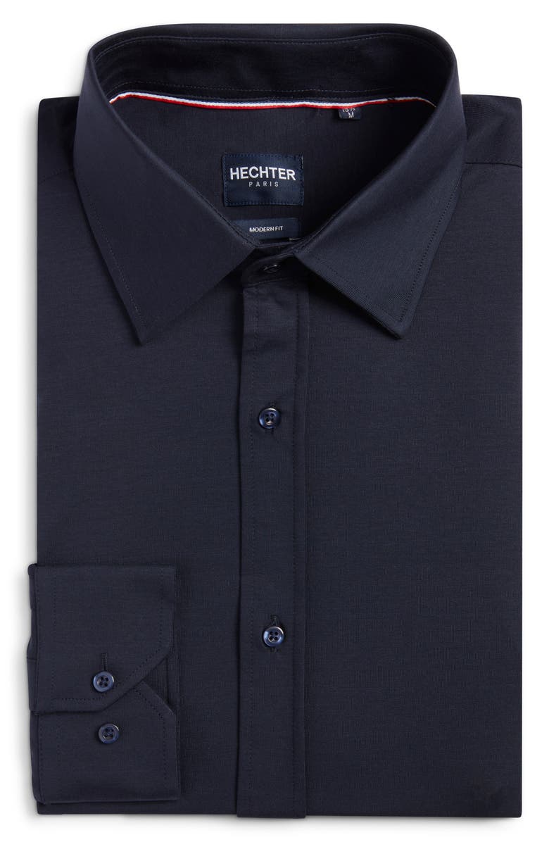 DANIEL HECHTER Modern Fit Solid Navy Knit Cotton Dress Shirt, Alternate, color, Navy