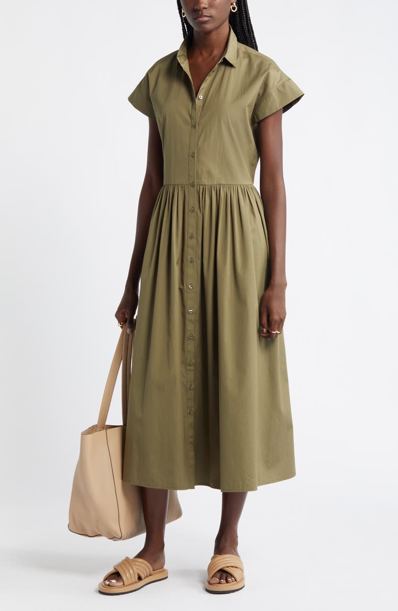 Drop Waist Button Front Cotton Midi Dress