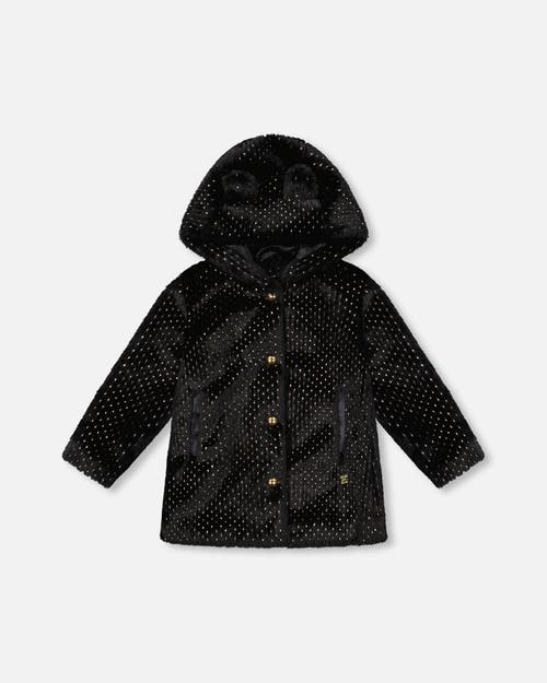 Deux Par Deux Bear Faux Fur Coat With Gold Polka Dots In Black