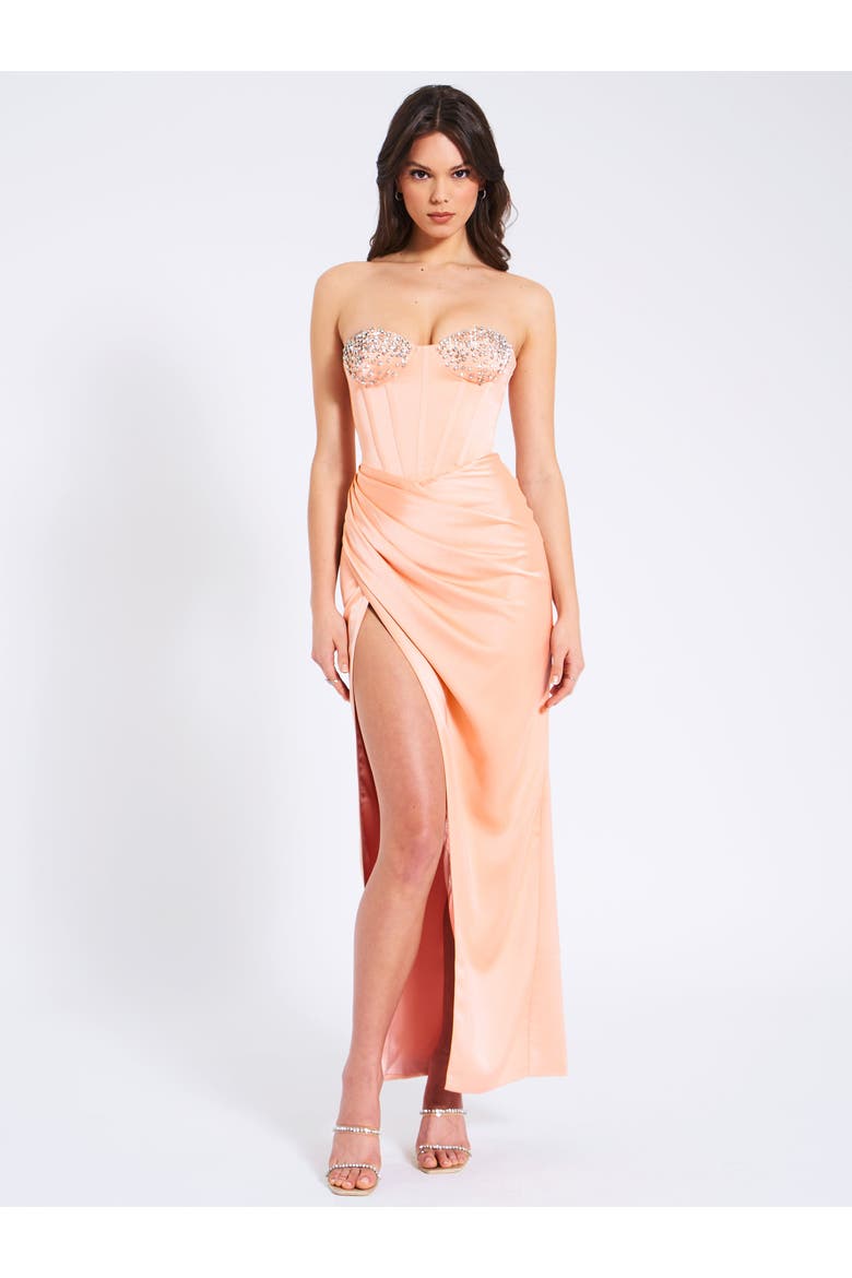 Amelia Satin Corset Slit Gown With Crystal Embellished, Alternate, color, Blush