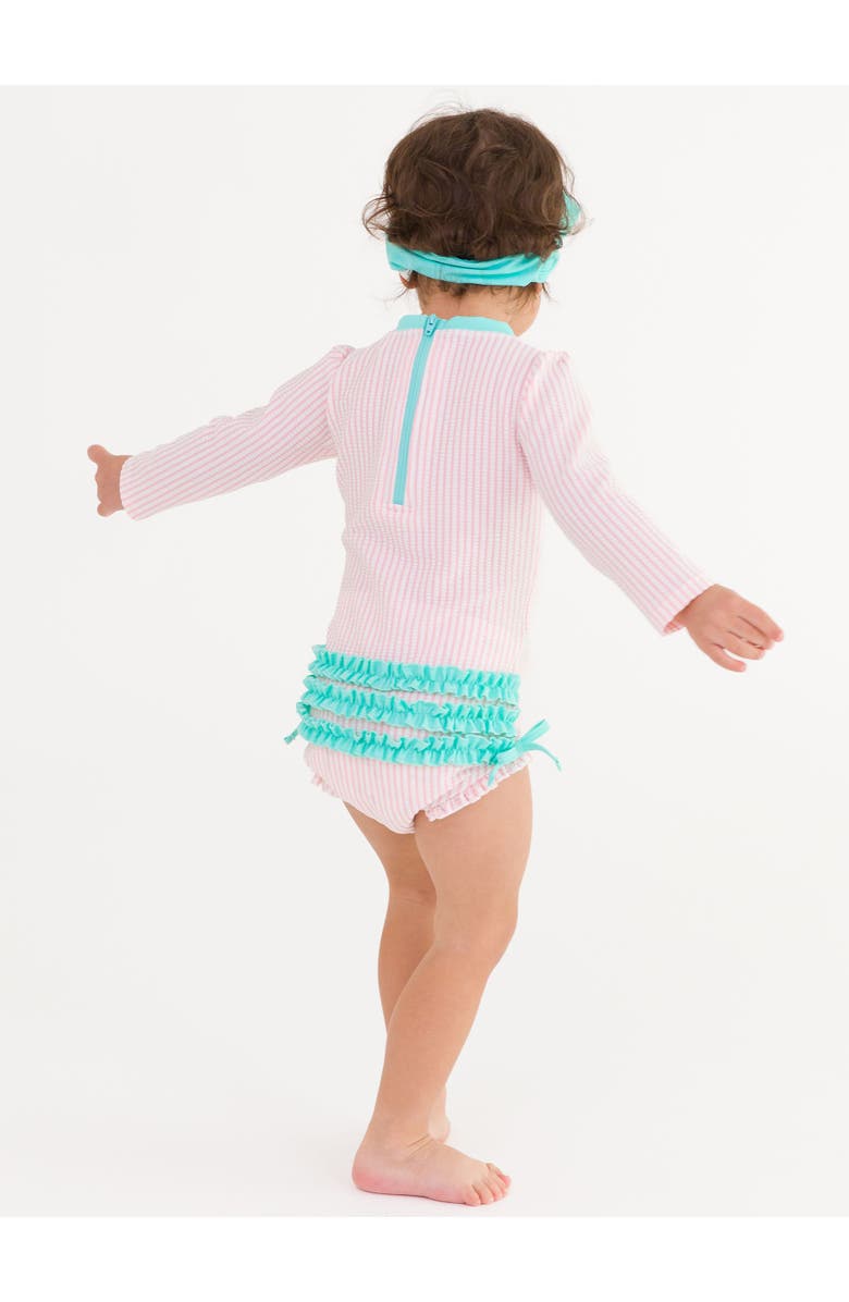RuffleButts Girls Seersucker Long Sleeve UPF50+ One Piece Rash Guard, Alternate, color, Pink Seersucker
