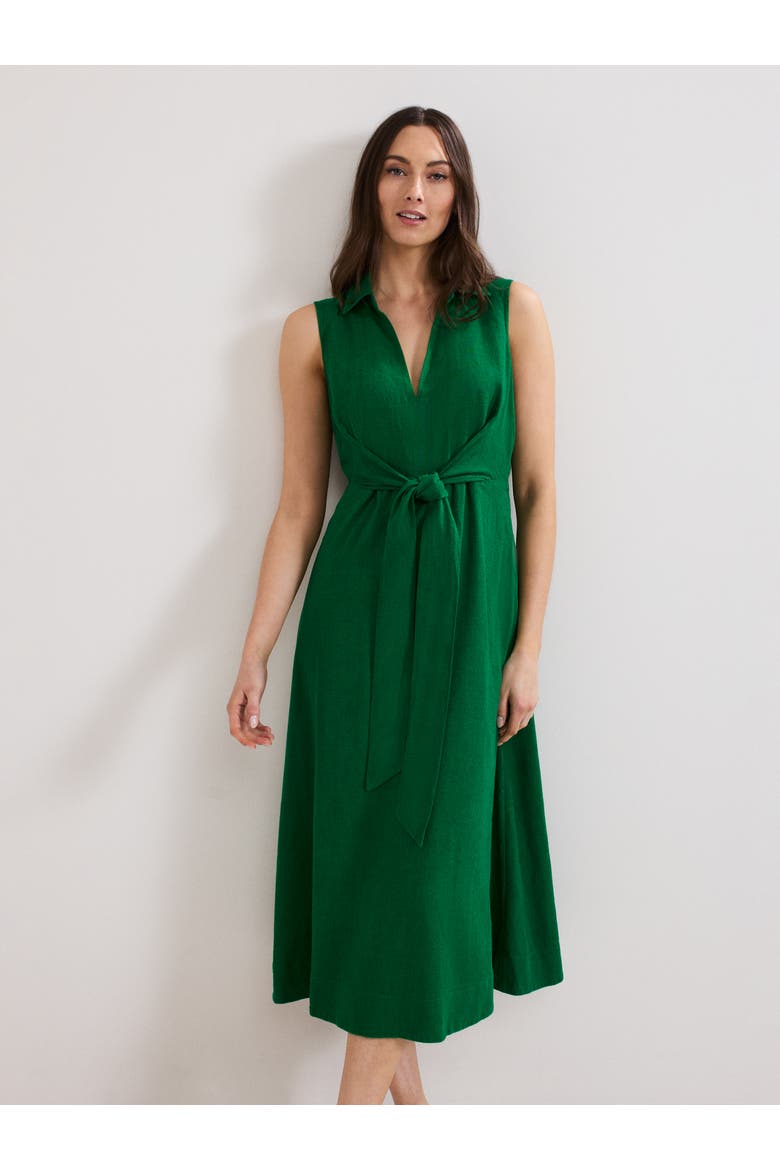 Sculpted Tie-Waist Midi Shirt Dress, Alternate, color, Green