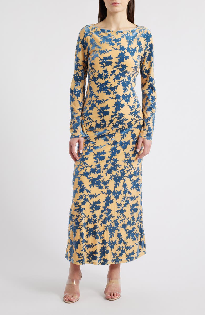 Rare London Burnout Long Sleeve Maxi Dress, Main, color, Blue/ Nude Burnout