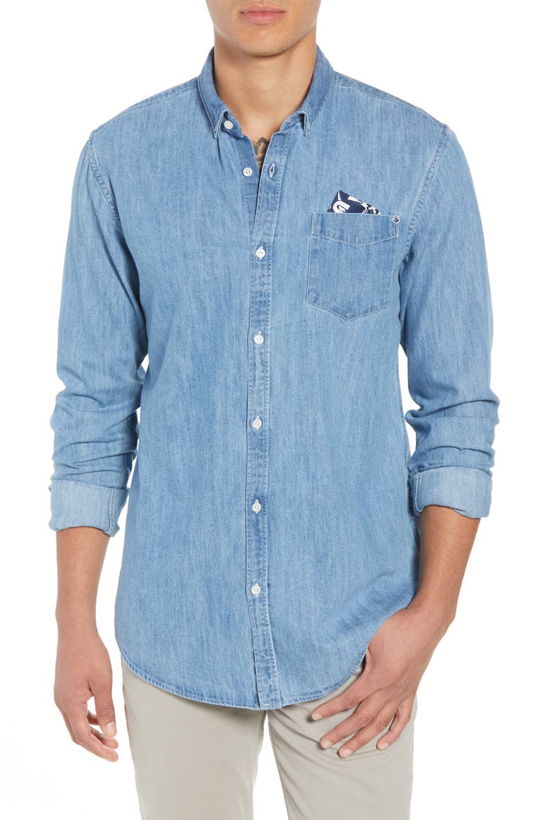 Amsterdams Blauw Pocket Square Chambray Sport Shirt, Main, color, DENIM BLUE