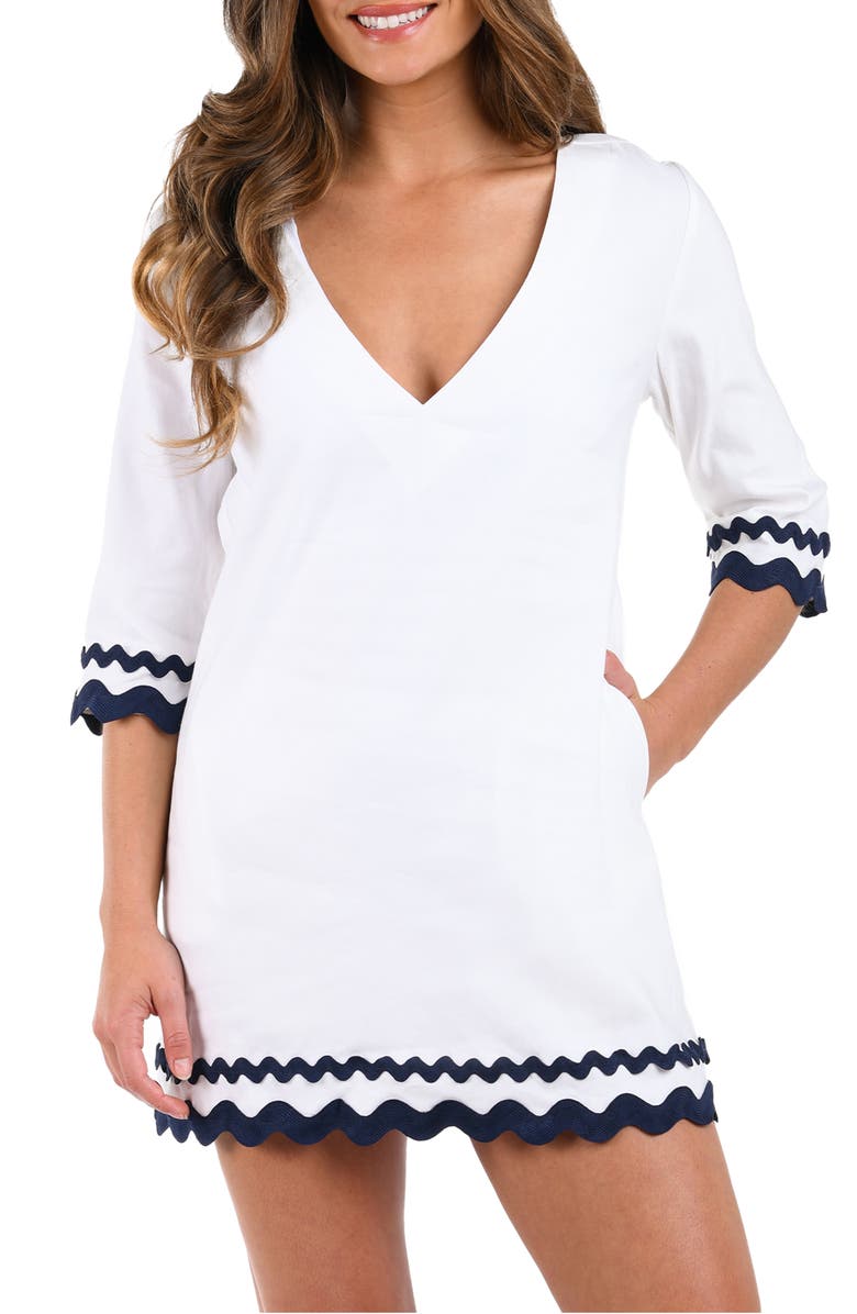 La Blanca Scallop Trim V-Neck Linen Blend Cover-Up Tunic, Alternate, color, White