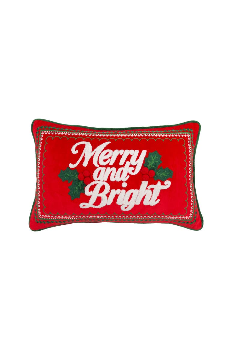Merry And Bright Holly Berry Tufted Festive Lumbar Throw Pillow 14" x 22", Main, color, White