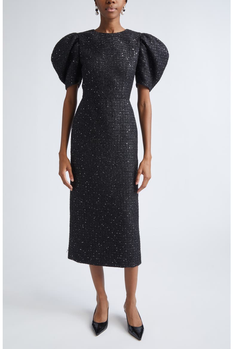 Puff Sleeve Metallic Tweed Sheath Dress, Main, color, BLACK