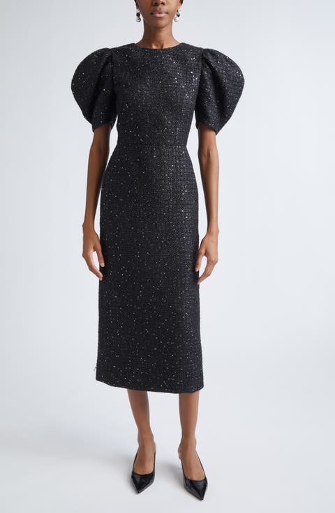 Puff Sleeve Metallic Tweed Sheath Dress