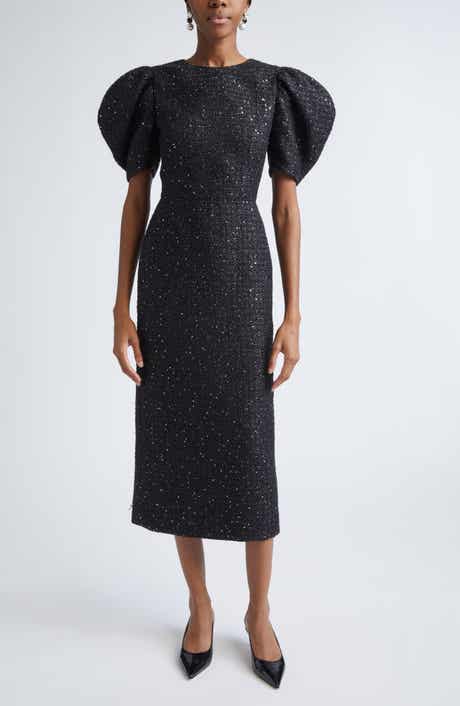 Puff Sleeve Metallic Tweed Sheath Dress