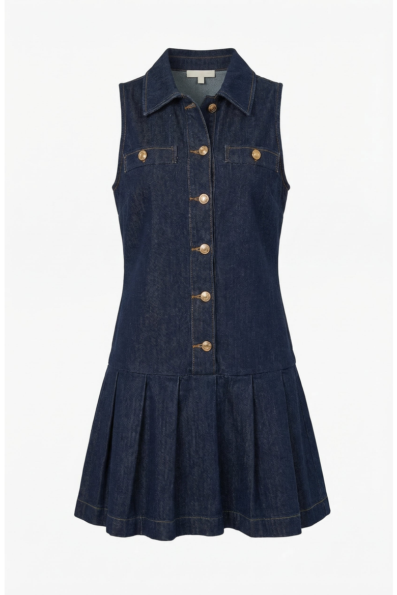 Sleeveless Denim Mini Dress with Pleated Hem, Alternate, color, Navy Blue
