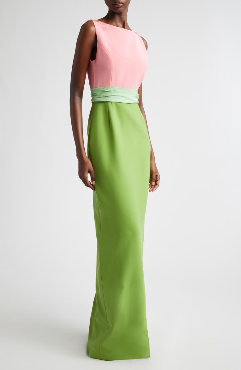 Carolina Herrera Colorblock Silk Column Gown with Removable Overskirt, Alternate, color, Pomelo Multi