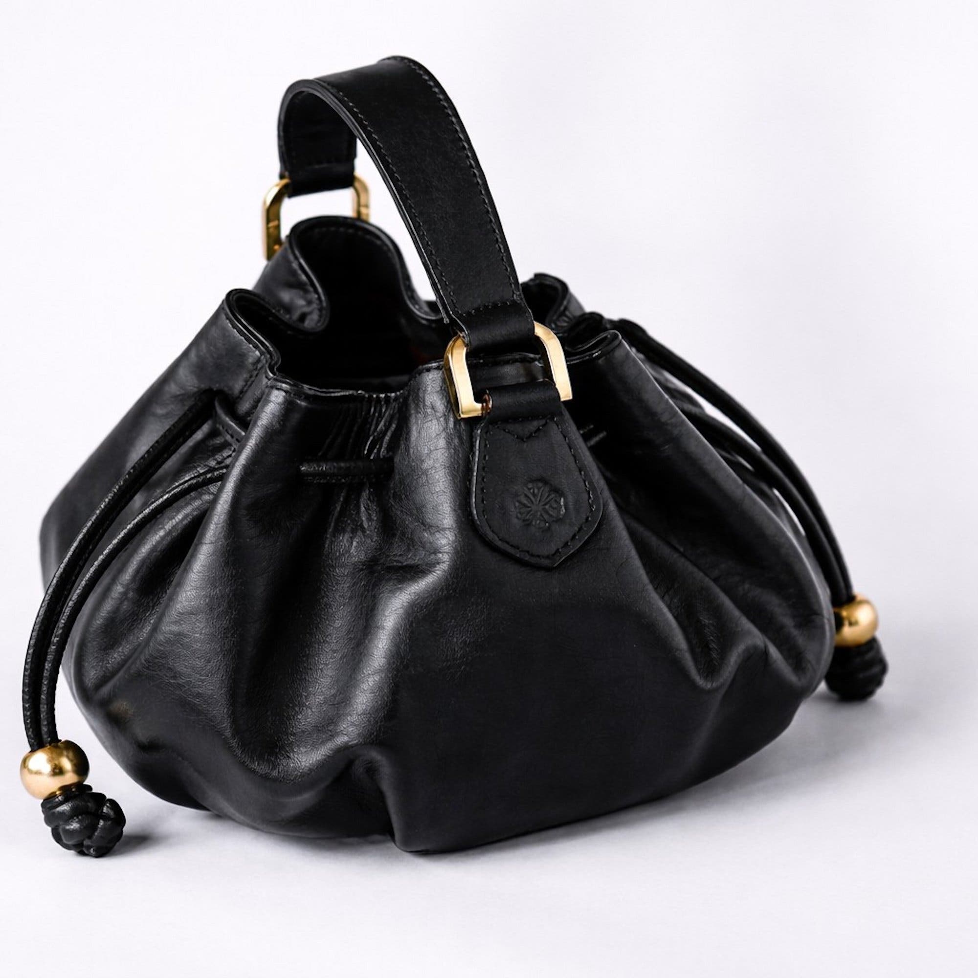 ROSZUAR Lunaire Pleated Leather Handbag, Alternate, color, Black