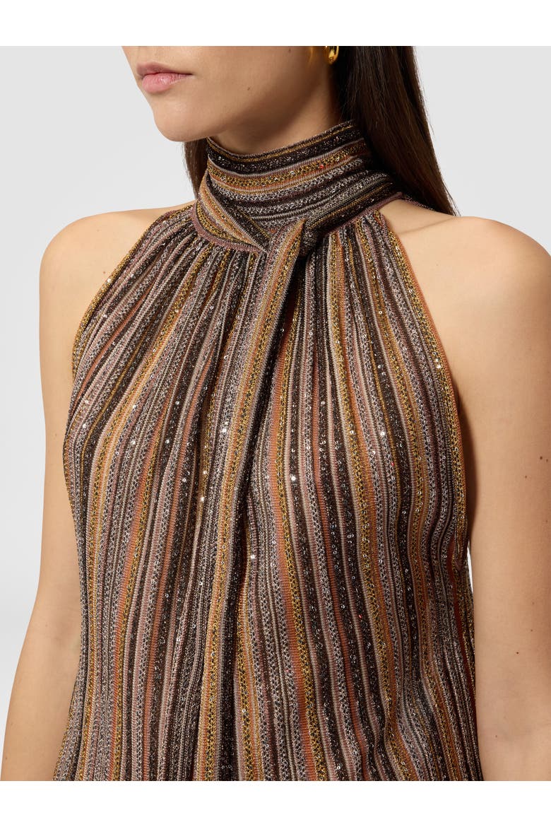Sleeveless Top In Ribbed Viscose Lamé With Scarf Collar, Alternate, color, Gold& Beige
