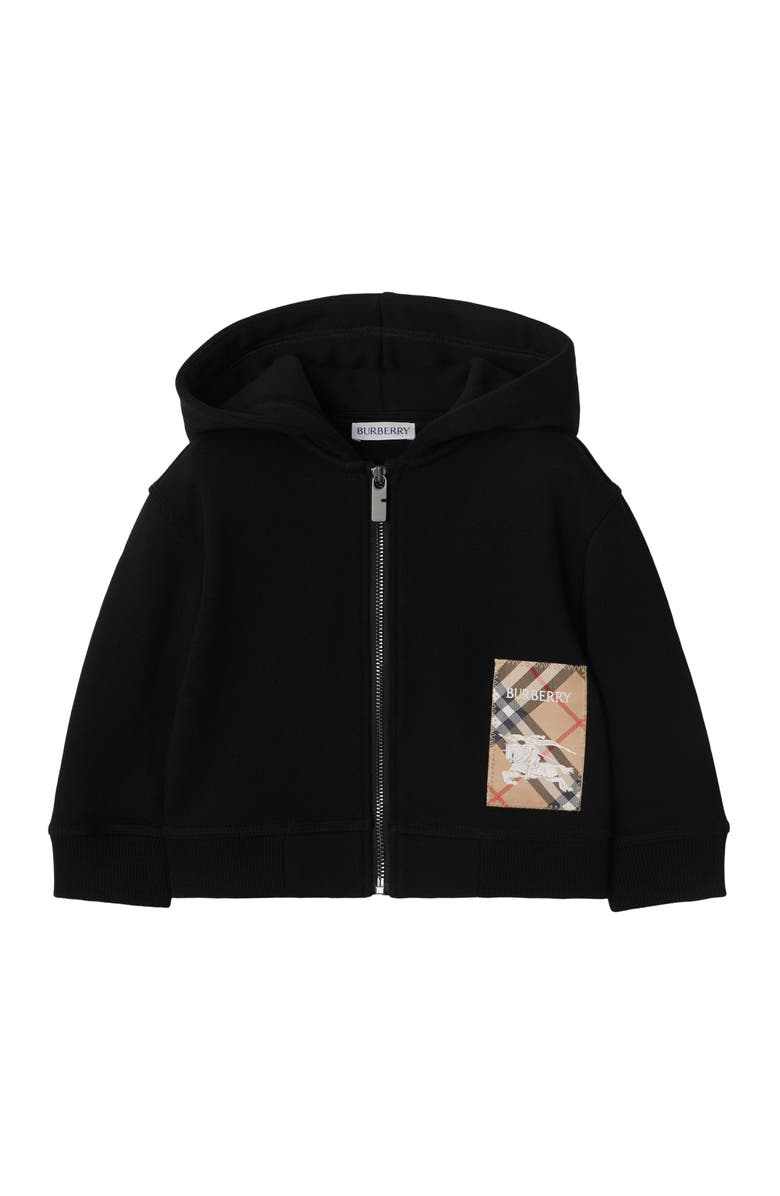 Burberry Check Label Cotton Zip Hoodie, Main, color, Black