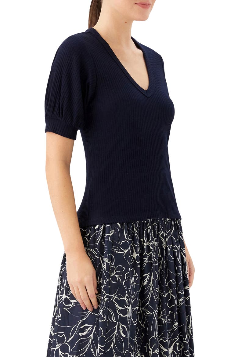 Puff Sleeve Rib V-Neck Top, Alternate, color, NAVY