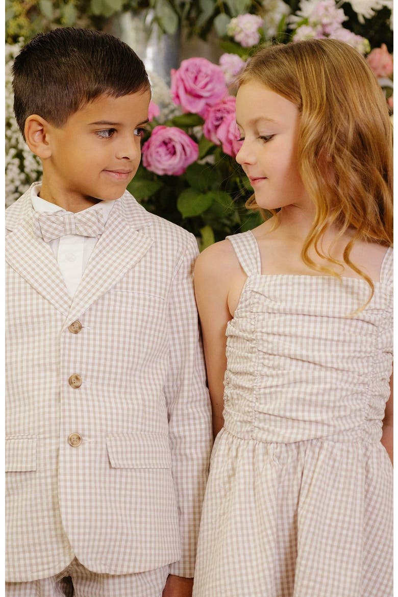 Girls' Organic Ruched Bodice Party Dress, Kids, Alternate, color, Taupe Gingham Seersucker