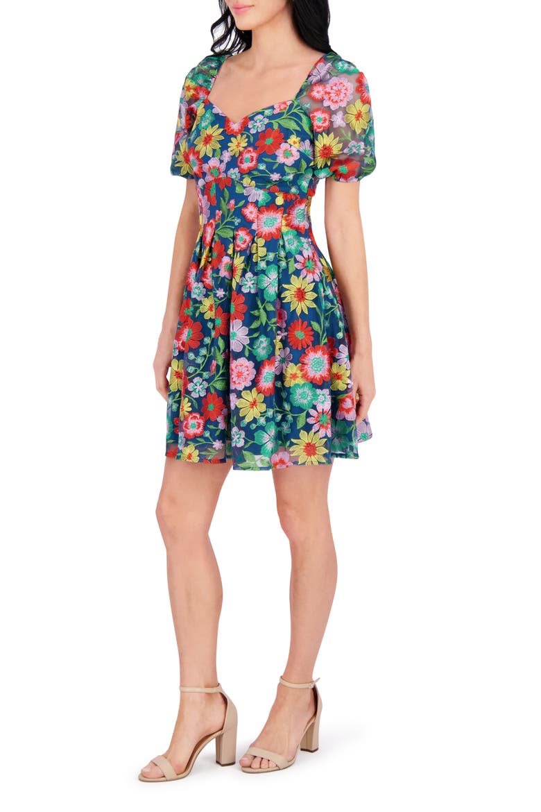 Embroidered Mesh Short Sleeve Dress, Alternate, color, BLUE/ GREEN MULTI