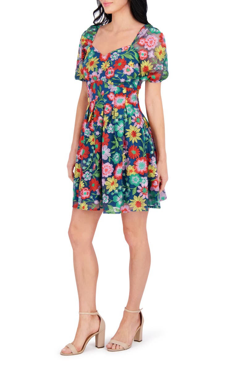 Kensie Embroidered Mesh Short Sleeve Dress, Alternate, color, Blue/ Green Multi