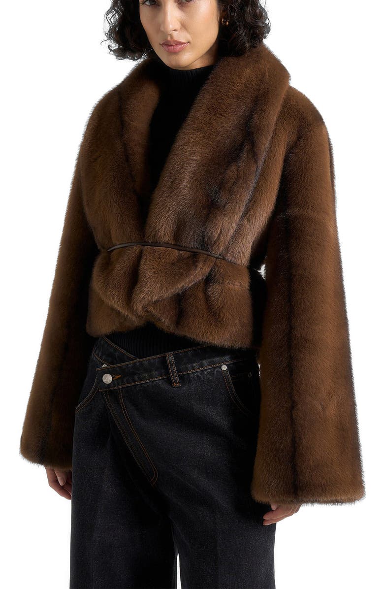 Manière De Voir Nola Fur Shawl Jacket with Leather Belt, Alternate, color, 